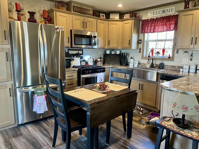 kitchen featuring stainless steel appliances, light brown cabinets, dark hardwood / wood-style flooring, and sink