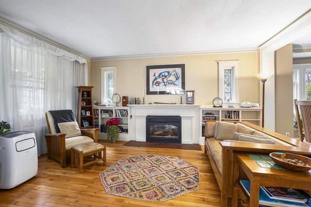 interior space with ornamental molding and light hardwood / wood-style flooring