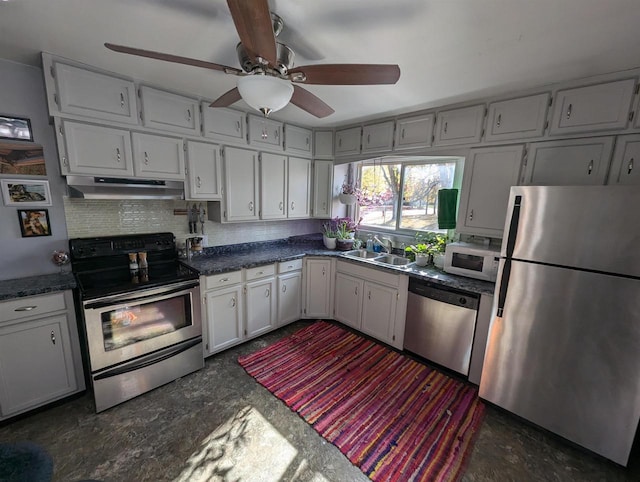 kitchen with white cabinetry, stainless steel appliances, sink, and ceiling fan