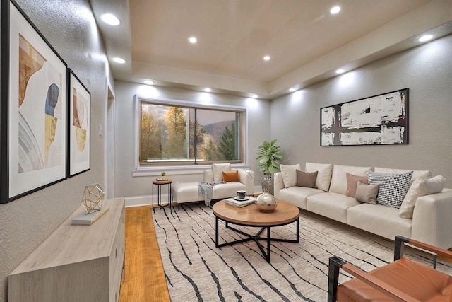 living room with a tray ceiling and light hardwood / wood-style floors