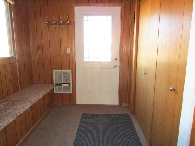 interior space featuring wood walls and heating unit