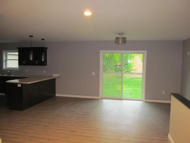 kitchen featuring kitchen peninsula, light hardwood / wood-style floors, hanging light fixtures, and sink