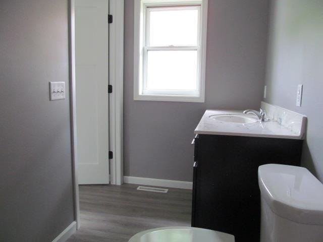 bathroom with wood-type flooring, vanity, and toilet