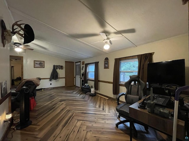 219 N 8th Ave W, Washburn, WI 54891 - office space featuring a ceiling fan, vaulted ceiling, and baseboards