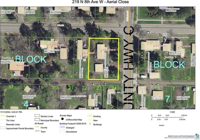 219 N 8th Ave W, Washburn, WI 54891 - map of property location featuring property parcel outlined