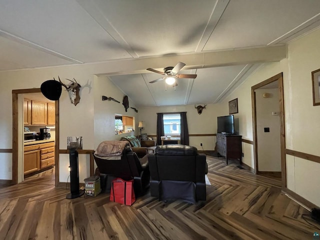 219 N 8th Ave W, Washburn, WI 54891 - living area with attic access, a ceiling fan, parquet floors, and baseboards
