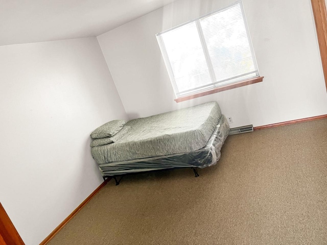 carpeted bedroom with vaulted ceiling