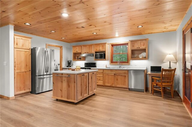 kitchen with a center island, sink, light wood-type flooring, and stainless steel appliances