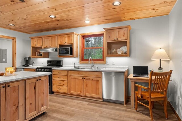 kitchen featuring wooden ceiling, light hardwood / wood-style flooring, stainless steel appliances, and sink