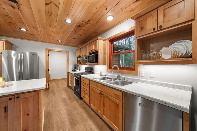 kitchen featuring sink, light wood-type flooring, appliances with stainless steel finishes, light stone counters, and wood ceiling