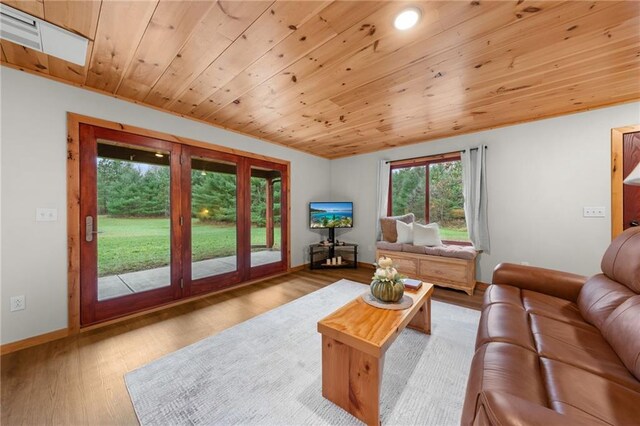 living room featuring light hardwood / wood-style floors and wood ceiling