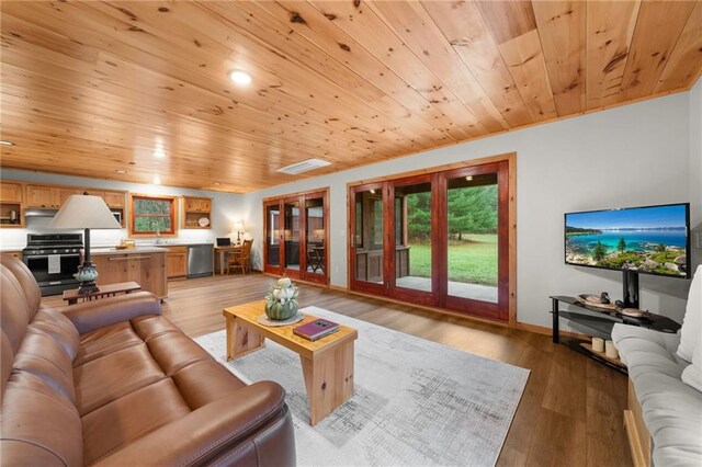 living room featuring sink, light hardwood / wood-style flooring, and wood ceiling