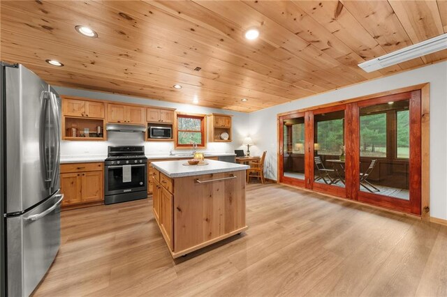 kitchen with light wood-type flooring, appliances with stainless steel finishes, a center island, and wooden ceiling