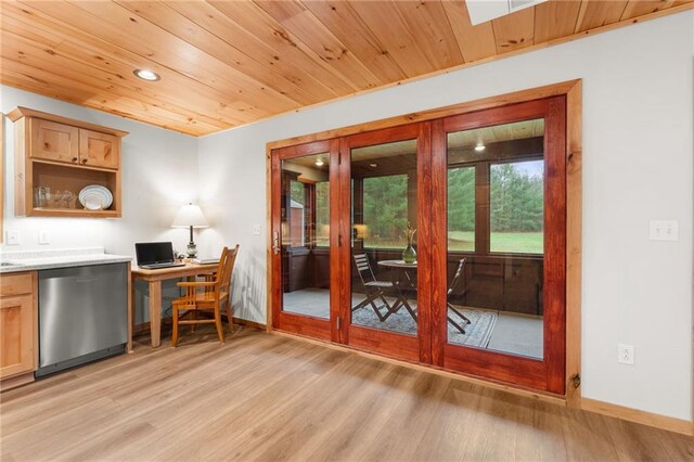 doorway with light wood-type flooring and wood ceiling