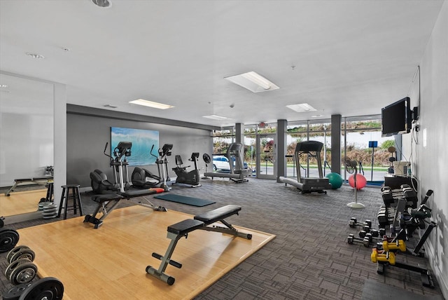 gym with expansive windows and carpet floors