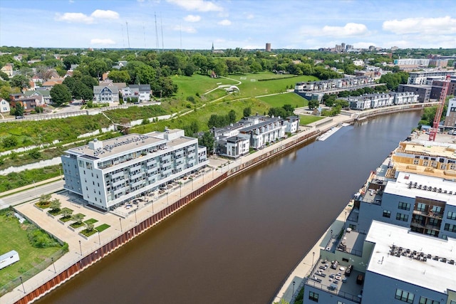 drone / aerial view featuring a water view