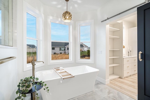 bathroom featuring wood-type flooring, a tub to relax in, and vanity