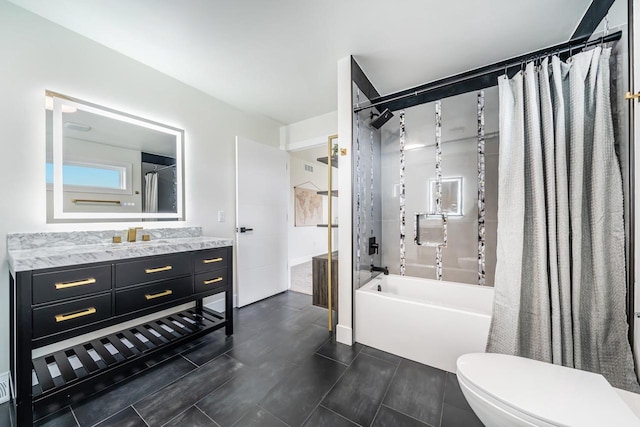 full bathroom featuring toilet, shower / tub combo, and vanity