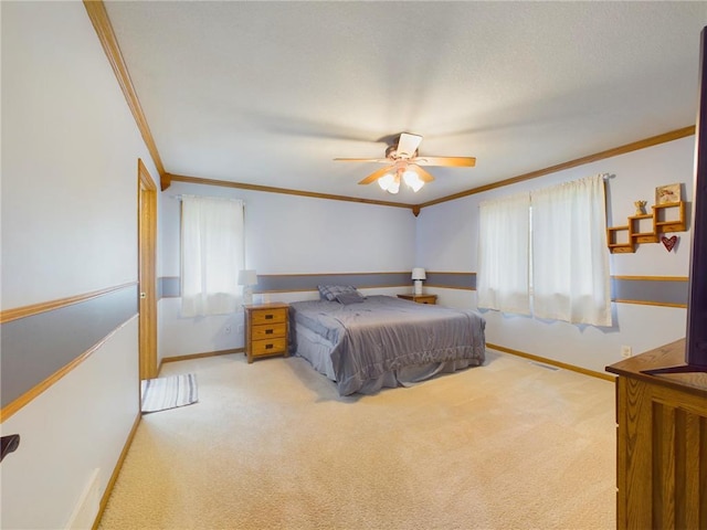 bedroom with ceiling fan, light carpet, and crown molding