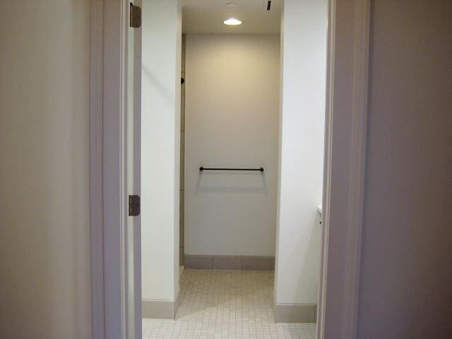 full bath with tile patterned floors, a shower, baseboards, and recessed lighting