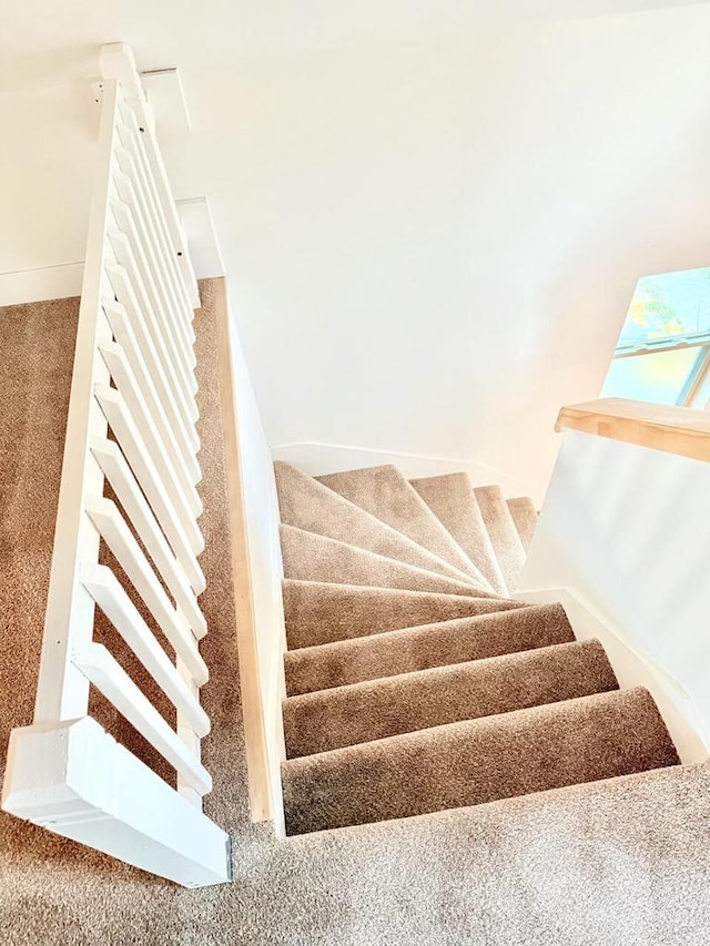 staircase featuring radiator heating unit and carpet floors