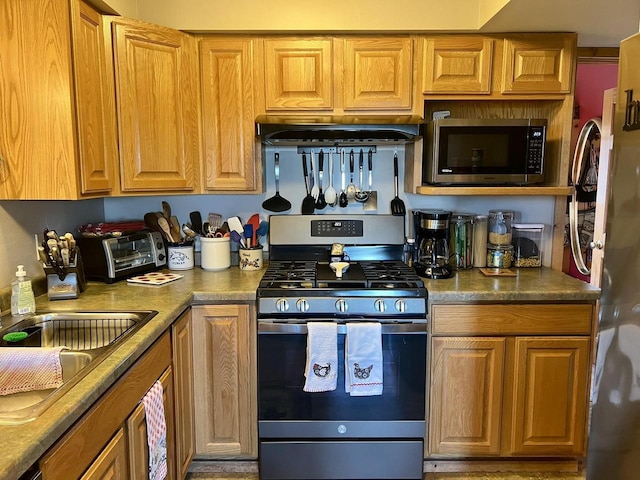 kitchen featuring ventilation hood, appliances with stainless steel finishes, and sink