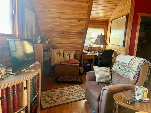 living area featuring hardwood / wood-style floors, wood ceiling, vaulted ceiling, and wood walls