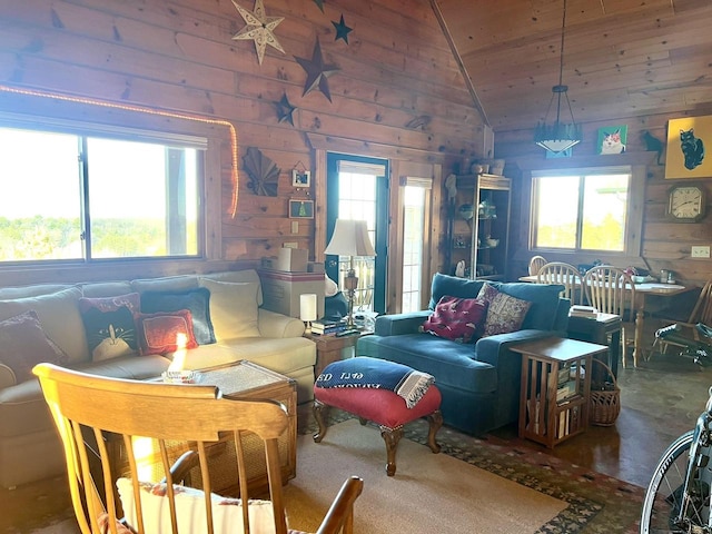 living room with lofted ceiling and wooden walls