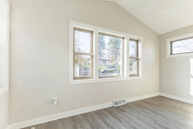 spare room featuring hardwood / wood-style floors, plenty of natural light, and lofted ceiling