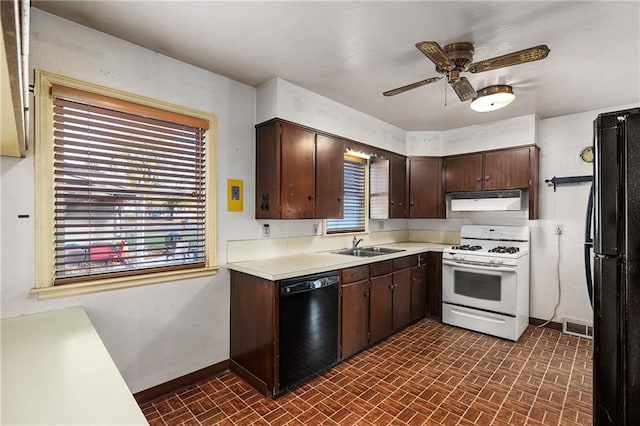 kitchen with dark brown cabinets, black appliances, ceiling fan, and sink