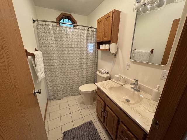 bathroom with vanity, a shower with shower curtain, tile patterned flooring, and toilet