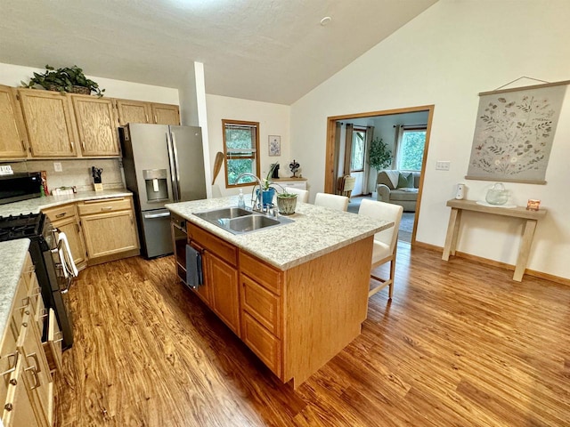 kitchen with hardwood / wood-style flooring, a center island with sink, sink, and appliances with stainless steel finishes