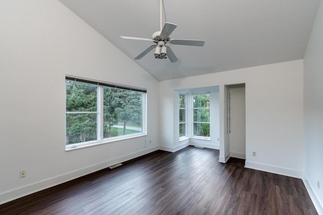 unfurnished room featuring high vaulted ceiling, ceiling fan, and dark wood-type flooring