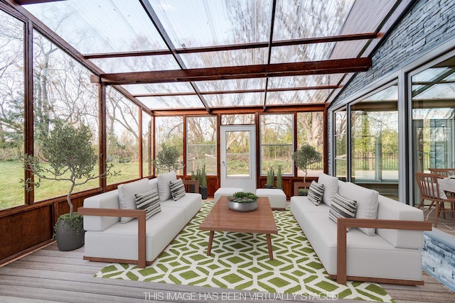 4720 Sumac Rd, Middleton, WI 53562 - sunroom with outdoor lounge area, wood finished floors, and lofted ceiling