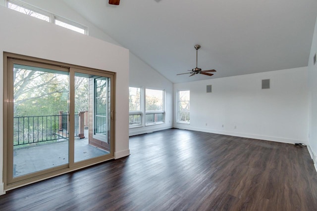 unfurnished living room with ceiling fan, dark hardwood / wood-style flooring, high vaulted ceiling, and a healthy amount of sunlight