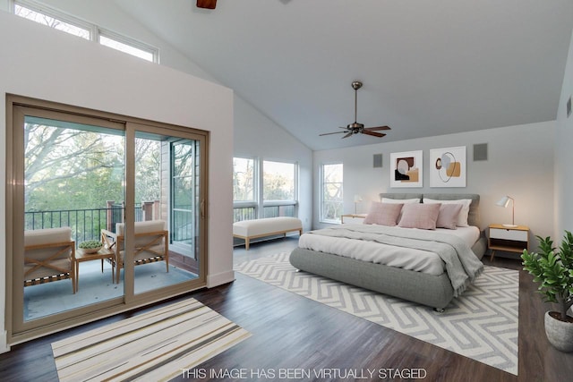 4720 Sumac Rd, Middleton, WI 53562 - bedroom featuring access to exterior, high vaulted ceiling, wood finished floors, and multiple windows