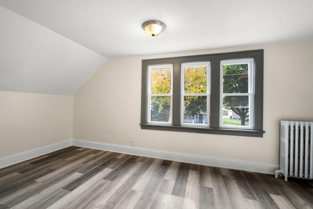 additional living space with dark hardwood / wood-style floors, vaulted ceiling, and radiator