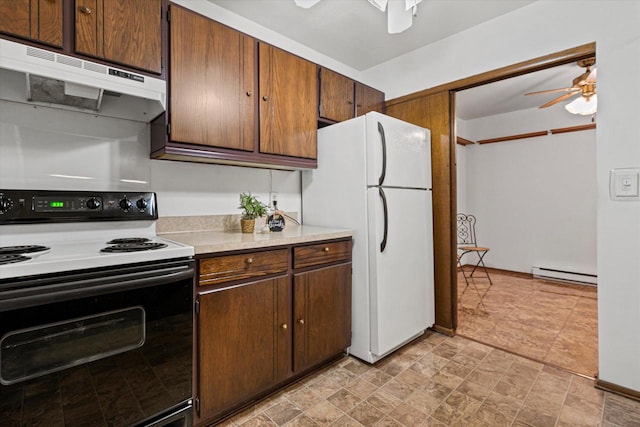 kitchen featuring ceiling fan, white appliances, and a baseboard heating unit