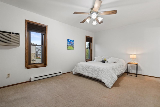 bedroom featuring ceiling fan, light colored carpet, an AC wall unit, and a baseboard heating unit