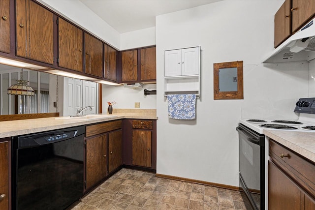 kitchen with electric stove, dark brown cabinetry, dishwasher, and sink