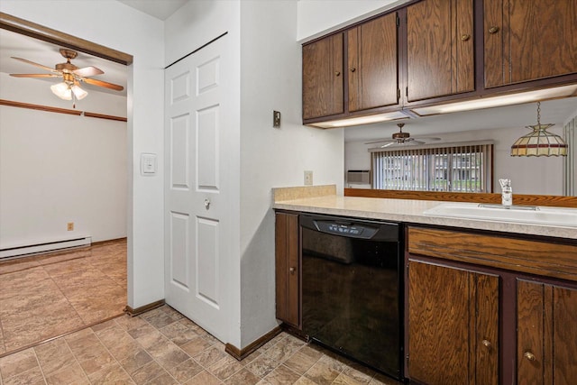 kitchen with dishwasher, dark brown cabinets, sink, and a baseboard heating unit