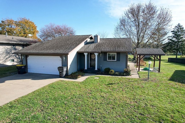 single story home featuring a garage and a front yard