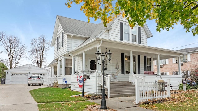 view of front facade with an outbuilding, a garage, and covered porch