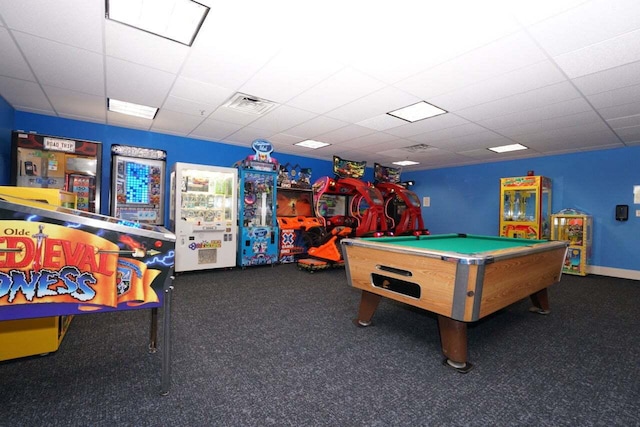 rec room with a paneled ceiling, dark carpet, and billiards