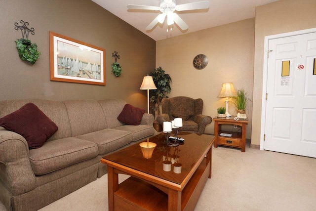 living room featuring light carpet and ceiling fan