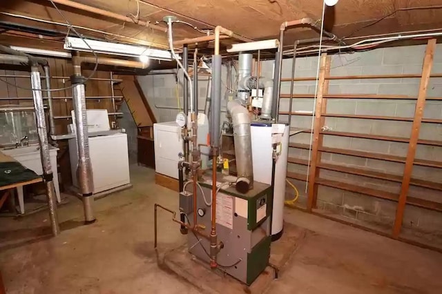 utility room with sink, separate washer and dryer, and water heater