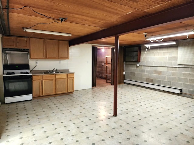 kitchen with beam ceiling, white gas range, sink, wooden ceiling, and baseboard heating