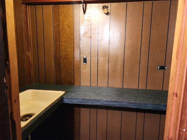 bathroom featuring wood walls