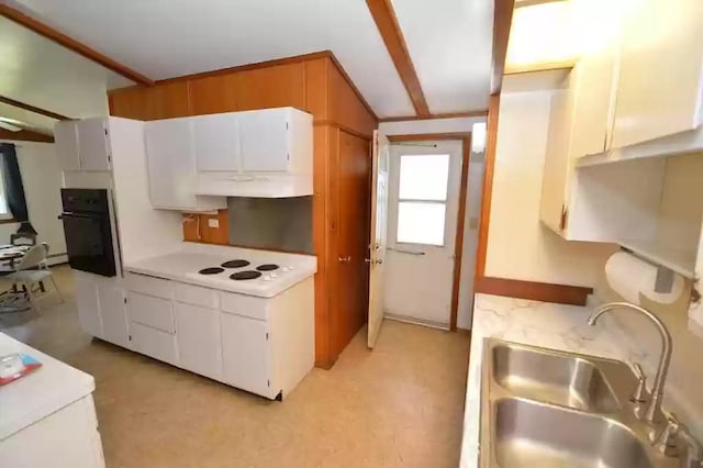 kitchen with oven, white electric cooktop, white cabinetry, and sink