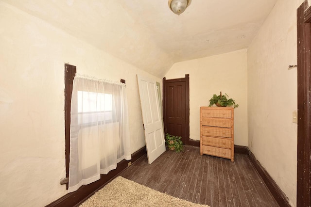 unfurnished bedroom featuring vaulted ceiling and dark wood-type flooring